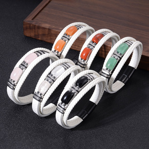 Men's <b>Leather</b> <b>Bracelet</b> Natural Stone Bezel Setting Multi Layer White Cord 7.5 8.5 9 Inches Everyday Wear Jewelry - Product Image 1