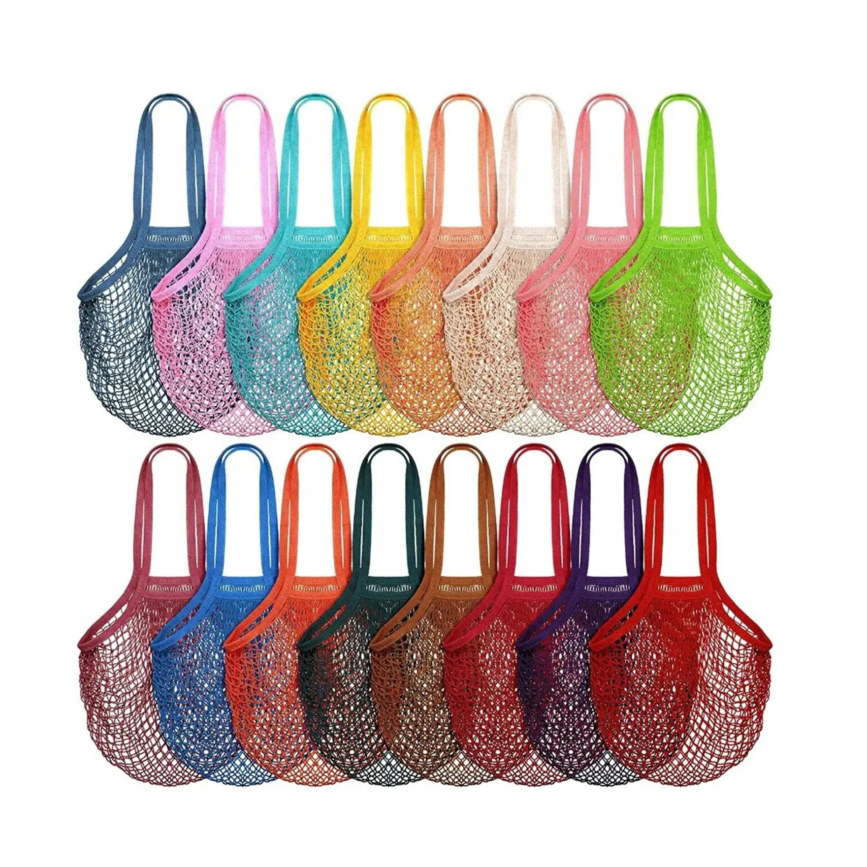 Wholesale Custom Reusable Fruit Vegetable Grocery Produce Tote Cotton String Net Colorful Cotton Mesh Tote Bag With Long Handle