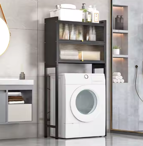 Estante para baño de tres niveles y dos puertas, color negro.