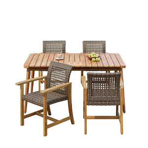 5-Piece Modern Design Water Resistant Patio <b>Dining</b> Set 63" Slatted <b>Table</b> & 4 Acacia Wood & PE <b>Rattan</b> Chairs for Patio Garden - Product Image 2