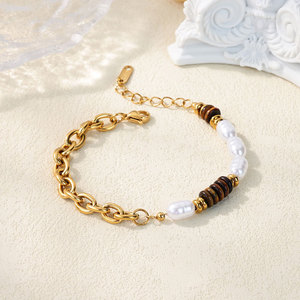 High Quality 316L Stainless Steel 14k 18k Gold Plated Fashion <b>Bracelets</b> & Bangles Tiger Eye And Pearl <b>Beaded</b> <b>Bracelet</b> for Women - Product Image 2