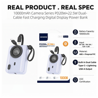 Power Bank 10000mAh PD 20W 22.5W Pengisian Cepat dengan Kabel Tipe-C Terintegrasi, Output USB-A, Layar Digital, Bentuk Kamera