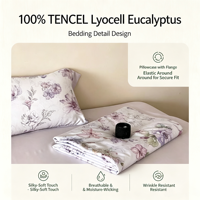 Parure de lit King toutes saisons 100 % Lyocell d'eucalyptus tissé, motif végétal imprimé, garnissage en soie moderne, 300 fils au pouce carré