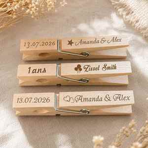 Pinces à linge gravées sur mesure, mini-pinces, clips nominatifs en bois personnalisés pour la mise en place de tables de dîner, artisanat et décoration - Product Image 1