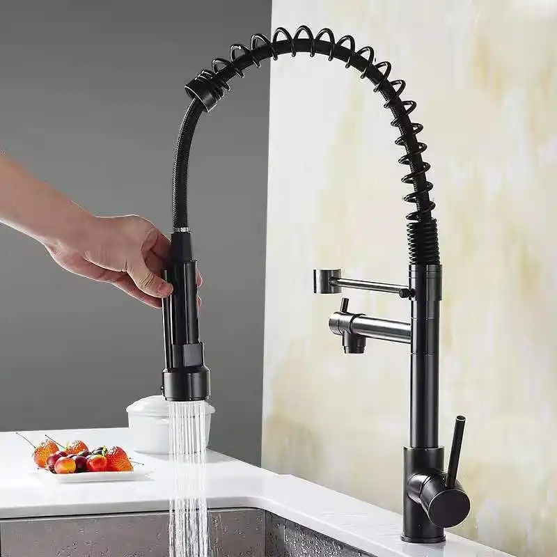 New Style Deck Mounted Matte Black Pull Out Kitchen Faucet Spring Dual Spout Mixer Sprayer Sink Tap