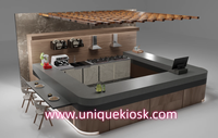 Comptoir de bar de restaurant en bois sur mesure, kiosque alimentaire complet avec cuisinière, machine à café, évier, table à manger et tabourets