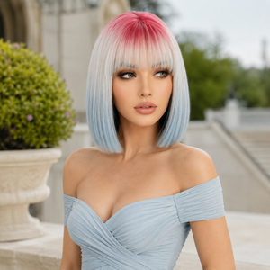 Perruque <span class=keywords><strong>Courte</strong></span> Droite Bob Réglable en Fibre Haute Température avec Frange Rose Blanc Bleu Résistante à la Chaleur Effet Naturel – Vente en Gros - Product Image 5