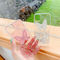 Coque de téléphone en TPU rose, étanche et antichoc, avec motif papillon en dentelle et cristaux, pour modèles multi-marques et systèmes complets, avec protection arrière flash.