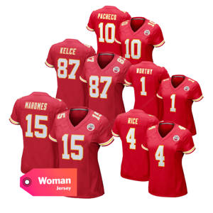 Camisetas de los Kansas City Chiefs para Mujer, Camisetas de Fútbol Americano de EE. UU. Limitadas y Cosidas, con los Números 15 de Patrick Mahomes, 87 de Kelce, 10 de Pacheco, 4 de Rice y 1 de Worth - Product Image 1