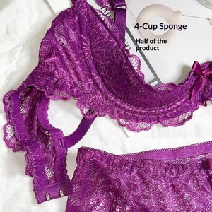 Lencería Sexy de Encaje Morado, Diseño Push-Up, Realza los Bustos Pequeños, Copas con Aros, Copas Acolchadas, Tela Transparente de Grado Alimenticio - Product Image 2