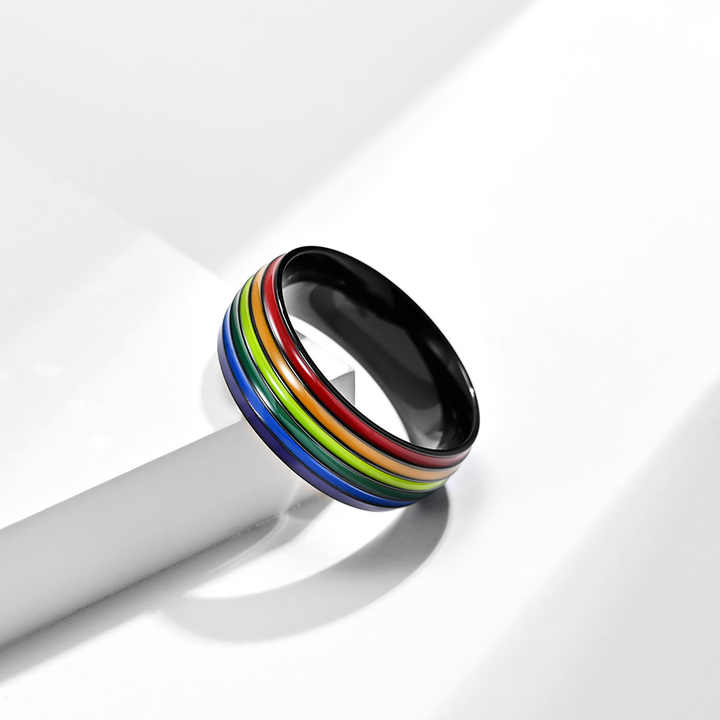 Regenbogen Ring Edelstahl - Bunter Pride Ring Mit Bombierter Form