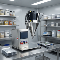 Machine de remplissage et de dosage à vis sans fin de haute précision pour poudres (assaisonnements secs, protéines, farine, épices) en flacons, capacités 0.1g, 0.5g, 1g, 5g, 10g, 50g, modèle de bureau