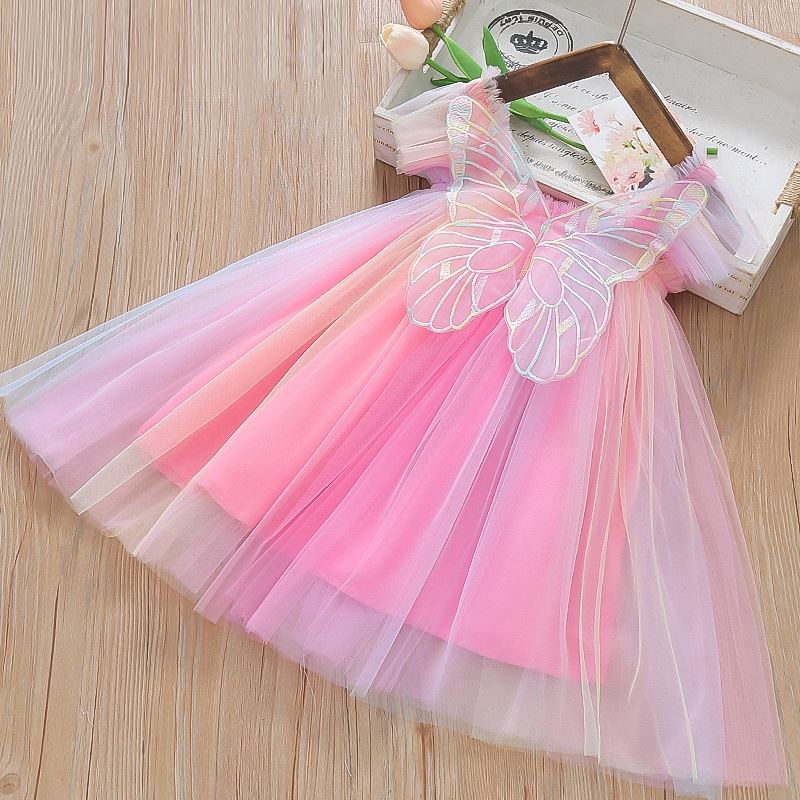Children's Princess Three-Dimensional Wings Fairy Dress with Rainbow Mesh  Skirt Halter and Spaghetti Strap Design ODM Supply| Alibaba.com