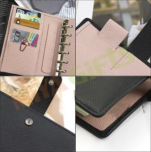 Custom Small 6 Ring Wallet Saving Binder Black Leather A6 A7 A8 Budget Binder With Zipper Cash Envelopes Money Planner Notebook