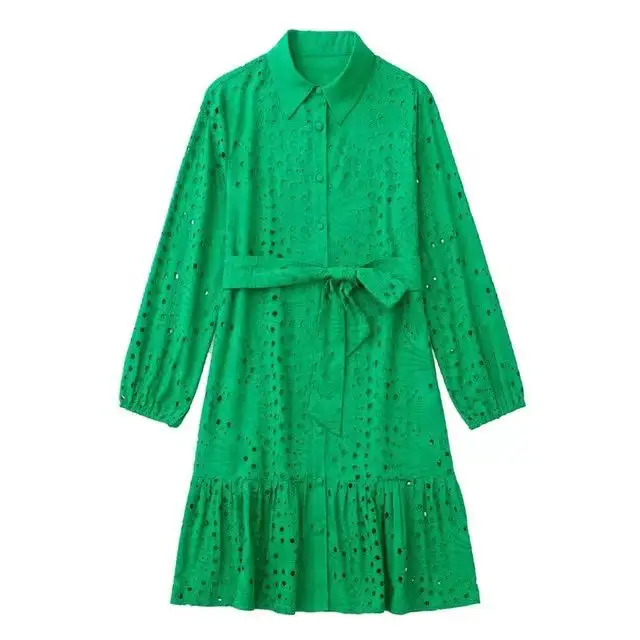 Peter pan collar green color long sleeve women eyelet embroidered casual fashion dresses