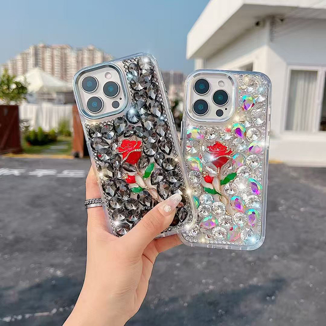 S25 Ultra Glitter Bling Case Cute Luxury 3D Sparkle Crystal Rhinestones Flowers Diamond Ladies Cover for iPhone 16 Pro Max 15 14