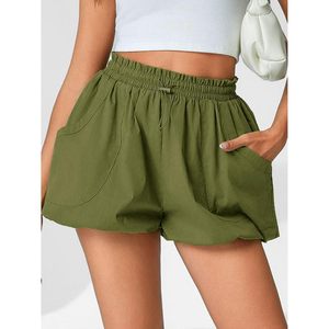 Womens High Waisted Bubble Shorts <b>Drawstring</b> Elastic Stretchy Wide Leg Balloon Shorts With Pockets Army Green - Product Image 2