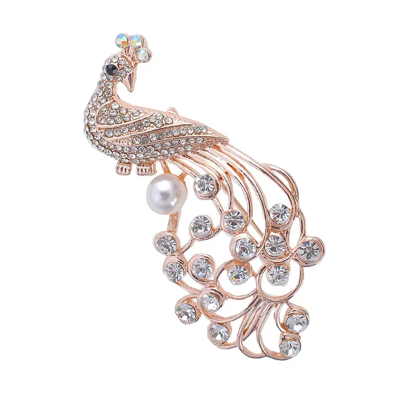 Wholesale Fashion Jewelry Korean Vintage Rose Gold Alloy Rhinestone Pearl Peacock Brooch For Women Female