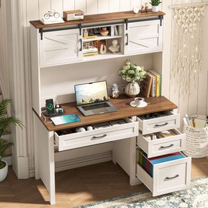 Escritorio Ejecutivo Estilo Rústico con Estante Superior y 4 Cajones, Estación de Trabajo Grande de Madera Blanca para Dormitorio o Estudio - Product Image 5
