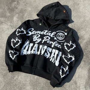 Designer 500gsm Streetwear Zipper Hoodie Cotton Custom Print Graphic Boxy Zip up Hoodie Cropped Oversized Rhinestone Hoodie <b>Men</b> - Product Image 1