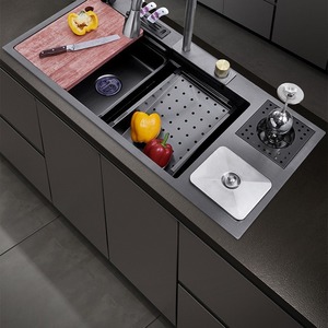 Évier de cuisine Feiyu en acier inoxydable avec réservoir d'eau intégré, épaisseur 3 mm, cuve simple, avec poubelle et lave-tasses - Product Image 3