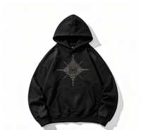 Sweat-shirt à capuche surdimensionné en coton épais 100 % personnalisé avec impression Kornit, effet vieilli et délavé, motif étoile thermocollé en strass