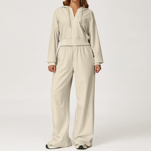Ensemble décontracté 2 pièces pour femme : sweat à capuche court zippé en molleton bouclette et pantalon large, <span class=keywords><strong>couleur</strong></span> unie, style streetwear pour l'automne - Product Image 3