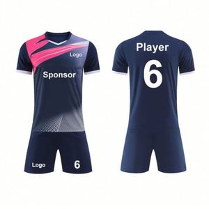 เสื้อฟุตบอลสีน้ำเงินเข้มผสมชมพูขายดีปี 2026 ผ้าโพลีเอสเตอร์ 100% รับสกรีนโลโก้ ชุดฟุตบอลไซส์ใหญ่พิเศษ - Product Image 1