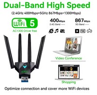 Adaptateur WiFi USB double bande 1300 Mbps 2.4G/5Ghz, Dongle Wi-Fi USB3.0 802.11AC, récepteur sans fil à 4 antennes pour PC/ordinateur portable, sans pilote