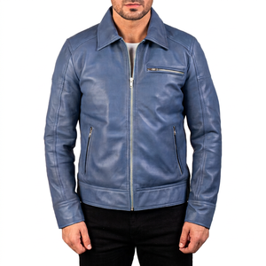 Veste en cuir d'agneau véritable de style motard décontracté pour homme, coupe ajustée, coupe-vent, respirante, hiver, bleu, tendance, vêtements d'extérieur - Product Image 1
