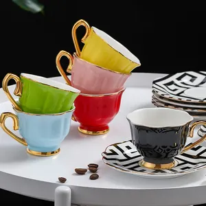 Custom Ceramic Cup Saucer Set Colored Glaze Luxury Gold Rim Porcelain Espresso Cappuccino Turkish Coffee Tea Cup Set