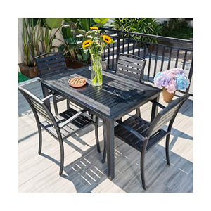 طقم غرفة طعام مطعم عصري 4+1 أثاث خشبي بلاستيكي للحدائق 4 مقاعد طاولة فناء وكرسي - Product Image 4