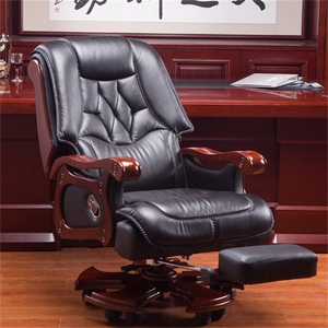 Chaise de <span class=keywords><strong>bureau</strong></span> exécutive moderne ergonomique réglable en cuir noir pivotante avec fonction inclinable et repose-pieds - Product Image 1
