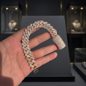 กำไลข้อมือแบบ Cuban Link เงินแท้ 925 ชุบทองชมพู ประดับเพชร Moissanite น้ำจืด ฝังแบบไมโคร สำหรับงานหมั้น งานแต่งงาน และงานปาร์ตี้ - Product Image 1