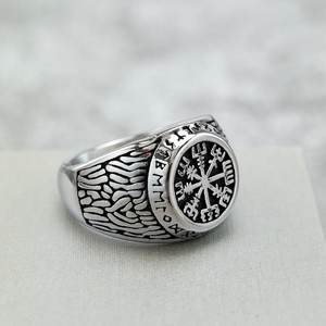Retro Stainless Steel Men's <b>Ring</b> Viking Compass Runes Round Geometric Design Gift Jewelry - Product Image 1