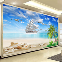 Papier Peint Mural Personnalisé 3D Plage Voilier Cocotier Paysage Marin Salon Décoratif Autocollant Amovible