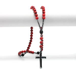 Collana da Uomo con Ciondolo a Croce in Pietra Naturale, Perle di Agata Nera e <span class=keywords><strong>Pietre</strong></span> di Pino Rosso da 8mm - Product Image 5
