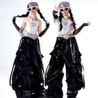 Costumes de danse jazz pour filles, haut à bretelles argenté métallisé, pantalon cargo en vinyle noir brillant, vêtements de scène pour enfants