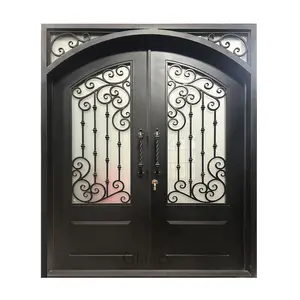 Arch top transom wrought iron steel front entrance door with double glass door