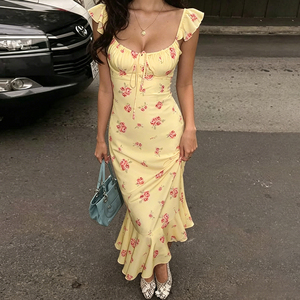 Vestido largo floral sexy francés, estilo vacaciones en el campo, con pequeñas mangas abullonadas, elegante y lindo, con cuello cuadrado, vestido de verano. - Product Image 5