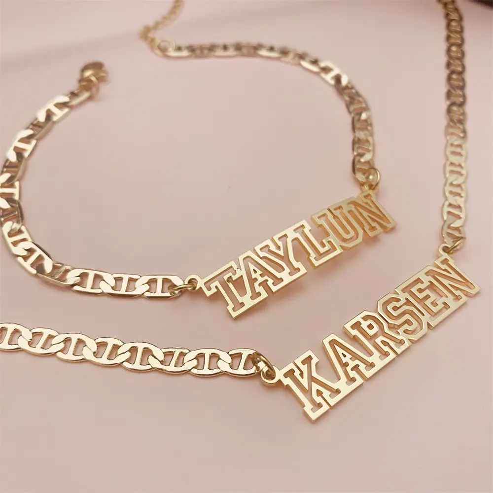 ShangJie OEM Stainless Steel Gold Choker Custom Name Necklace Personalized Flat Top Chain Nameplate Necklace