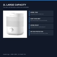 Humidificateur ultrasonique en plastique 2L, diffuseur d'arômes silencieux à nano-brume 2000ml avec protection contre la marche à sec pour usage domestique