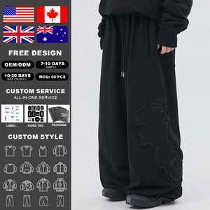 KingSen Men's Streetwear 100% Cotton Loose Wide Leg Pants Elastic Waist <b>Drawstring</b> Casual Embroidery <b>Trousers</b> - Product Image 2