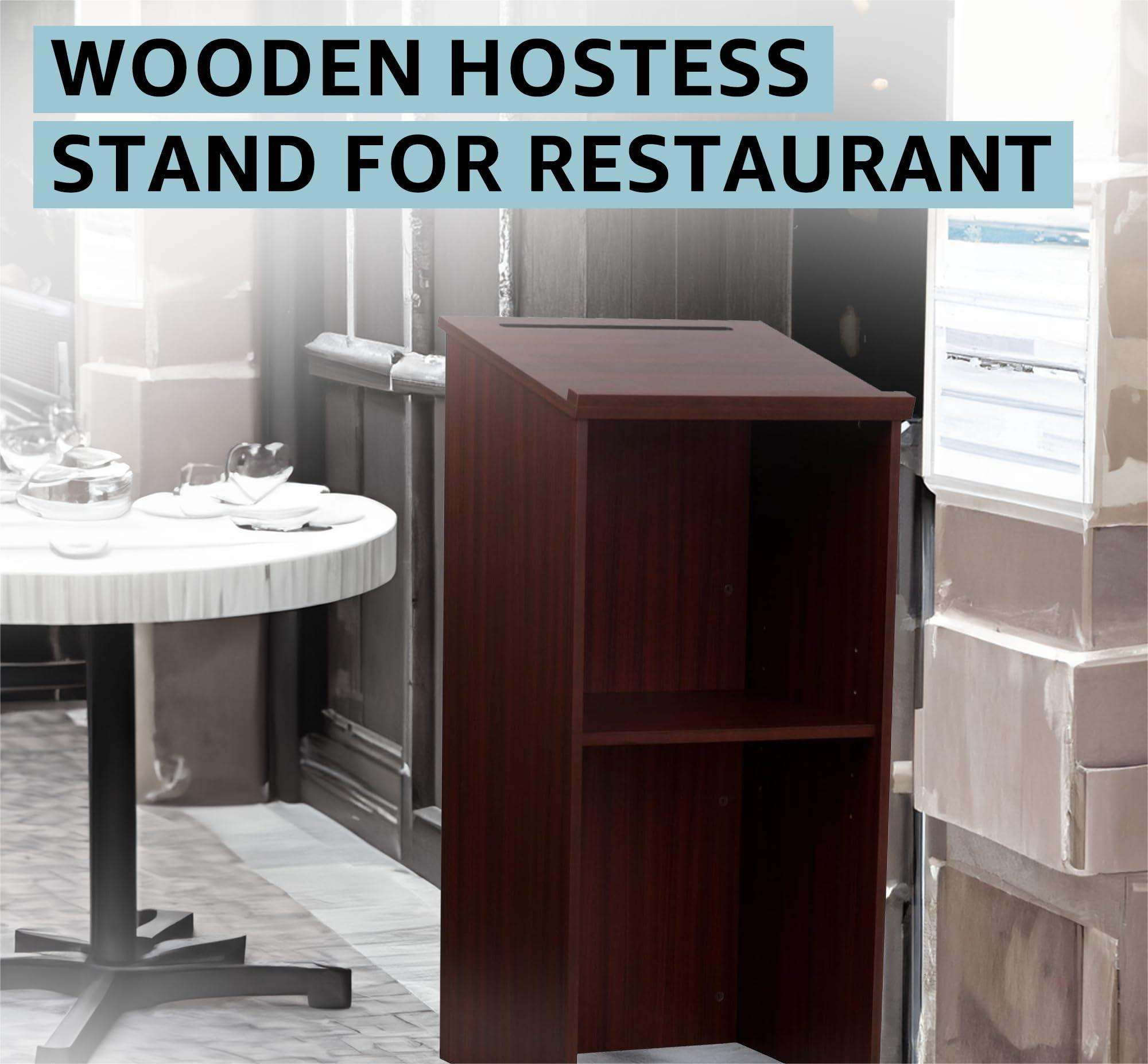 Hostess Stand for Restaurant: Wooden Podium with Storage Shelf for  Speaking, Customized Design and Irregular Shape, image size:2000x1854