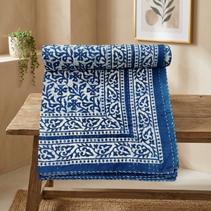 Cubrecama Kantha con Estampado Floral Azul Paisley, 90×108 Pulgadas, para Cama Doble, Estilo Boho, Hecho a Mano, Colcha de Algodón Indio Vintage - Product Image 5