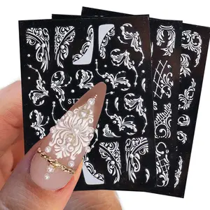 Ynb 5.7*2.75 pollici nuovi adesivi per unghie 5 D adesivi in rilievo adesivi per unghie in pizzo bianco e nero con foglie in pizzo