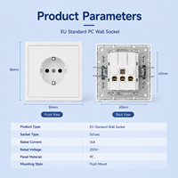 Panneau carré en plastique PC blanc, noir, or, gris, interrupteurs électriques, norme européenne 16A 220V, prise murale allemande Schuko, 2 prises