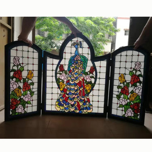 Paravent en verre teinté personnalisé, 3 panneaux, paon et fleurs, forme de cathédrale, style victorien, verre décoratif autoportant - Product Image 5