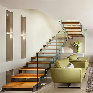 Escaleras de espacio pequeño para interiores modernas Escalera recta de madera de acero inoxidable