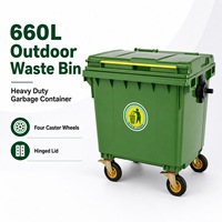 Conteneur à déchets industriels en plastique de 660 L avec couvercles, robuste, 4 roues, bac à ordures écologique, poubelle mobile pour projets publics